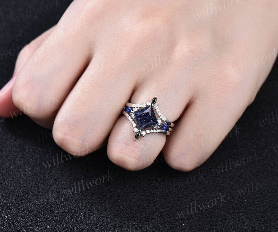 Vintage princess cut blue sandstone engagement ring 14k rose gold stacking sapphire moissanite wedding bridal ring set women anniversary gift