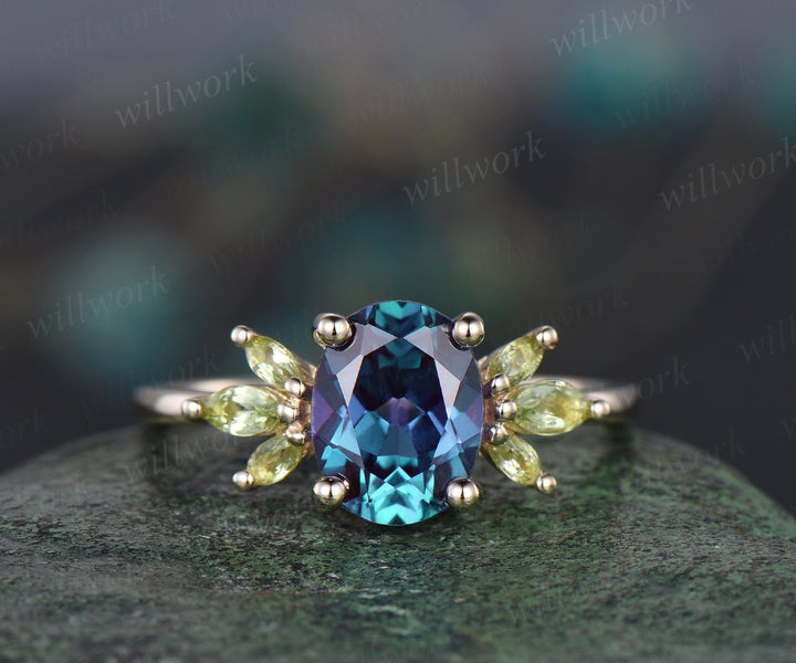 2ct oval cut Alexandrite ring vintage marquise peridot ring yellow gold unique engagement ring women gemstone wing ring promise ring her