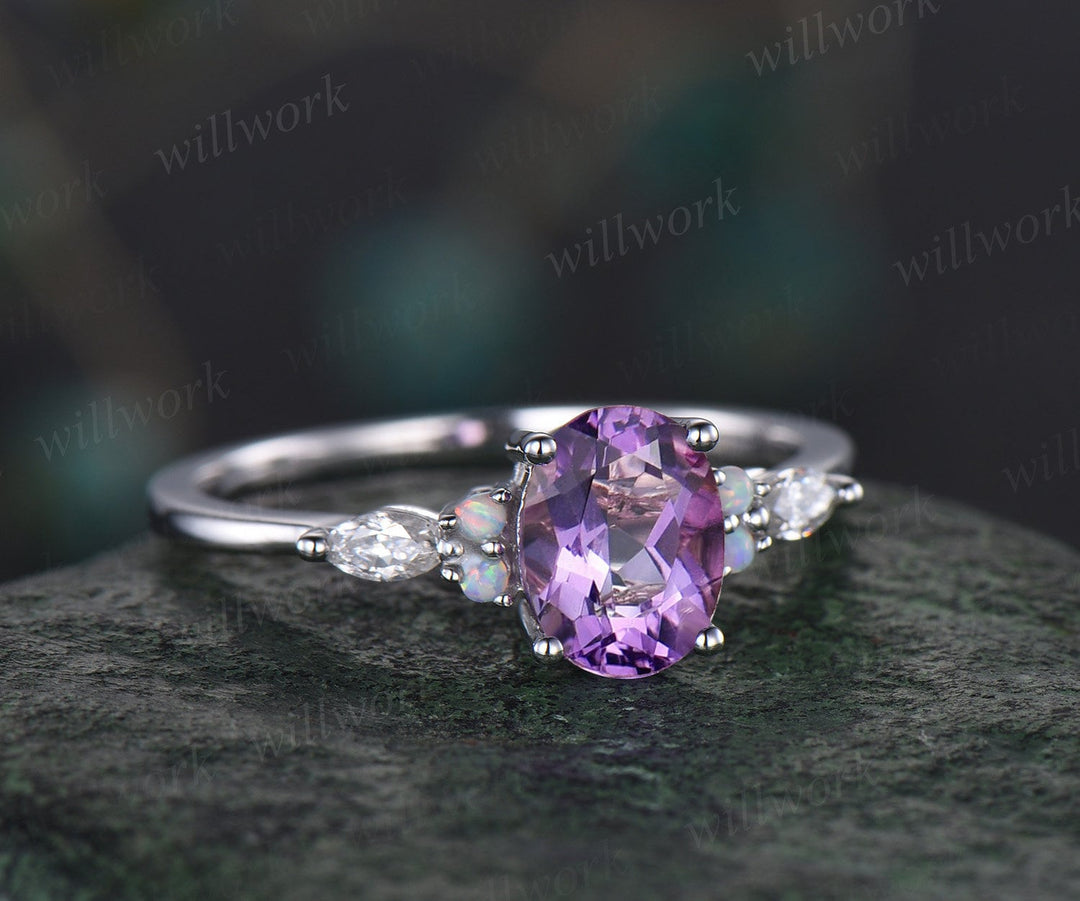 Vintage oval cut amethyst engagement ring white gold opal ring silver moissanite promise wedding bridal ring set women purple gemstone gift