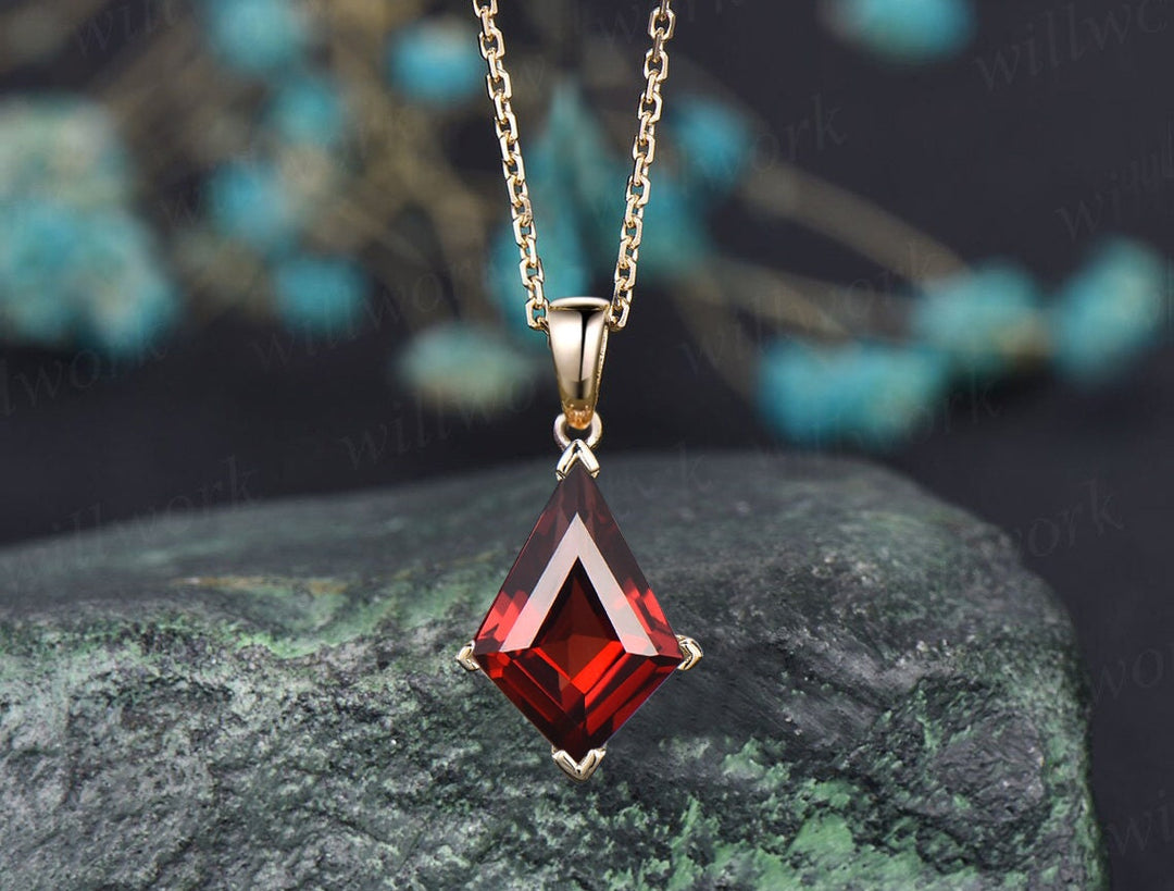Kite red garnet necklace solid 14k 18k rose gold vintage unique Personalized pendant for women her gemstone anniversary bridal gift mother