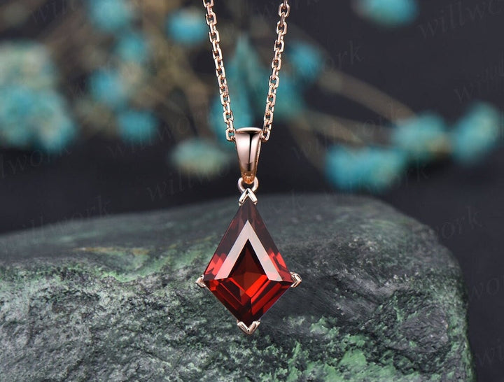 Kite red garnet necklace solid 14k 18k rose gold vintage unique Personalized pendant for women her gemstone anniversary bridal gift mother