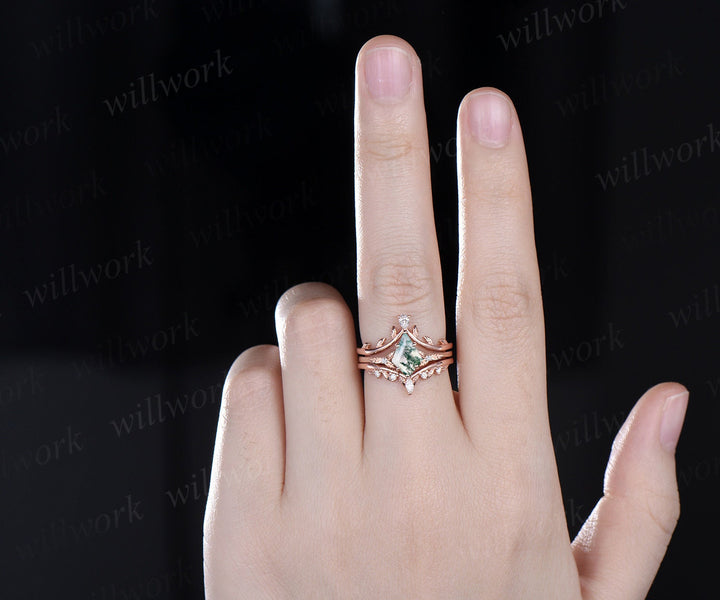Kite cut moss agate ring vintage leaf diamond ring unique nature inspired engagement ring women rose gold wedding bridal ring set jewelry