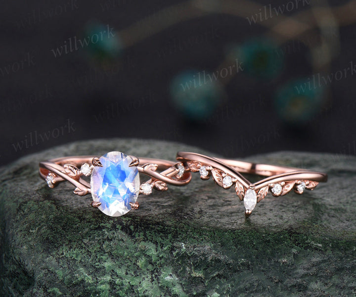 Oval moonstone ring vintage twisted leaf nature inspired engagement ring women five stone diamond anniversary bridal wedding ring set gift