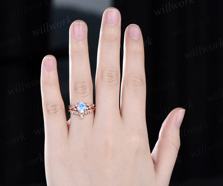 Oval moonstone ring vintage twisted leaf nature inspired engagement ring women five stone diamond anniversary bridal wedding ring set gift