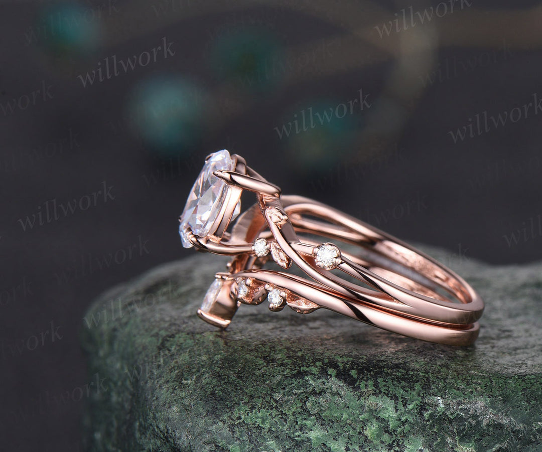 Nature inspired oval cut IGI lab-grown diamond engagement ring set twisted leaf women five stone diamond-accented anniversary bridal wedding ring set