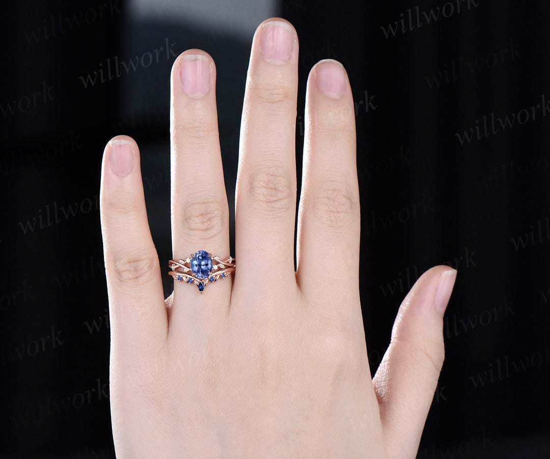 Vintage oval natural Tanzanite engagement ring art deco five stone leaf diamond ring 14k rose gold sapphire wedding ring band bridal set