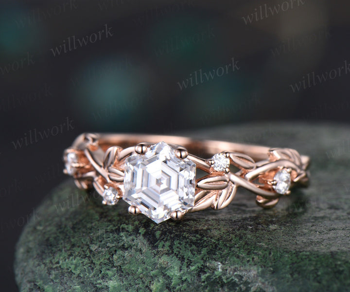 Vintage hexagon cut moissanite engagement ring nature inspired leaf rose gold diamond ring retro twig Twisted promise wedding ring women