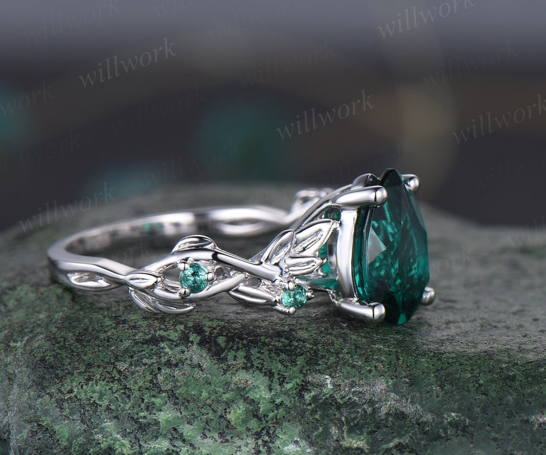 Vintage pear shaped green emerald engagement ring women art deco leaf nature inspired five stone emerald ring white gold anniversary ring