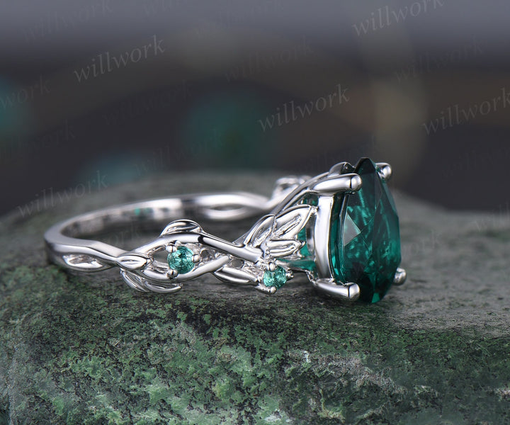 Vintage pear shaped green emerald engagement ring women art deco leaf nature inspired five stone emerald ring white gold anniversary ring