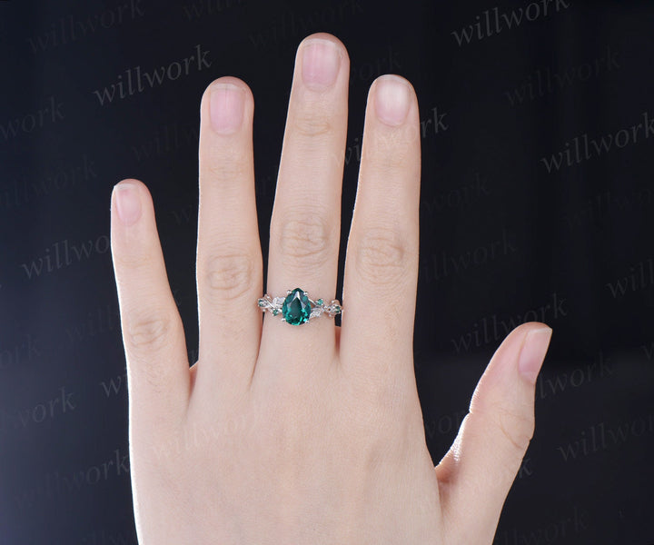 Vintage pear shaped green emerald engagement ring women art deco leaf nature inspired five stone emerald ring white gold anniversary ring