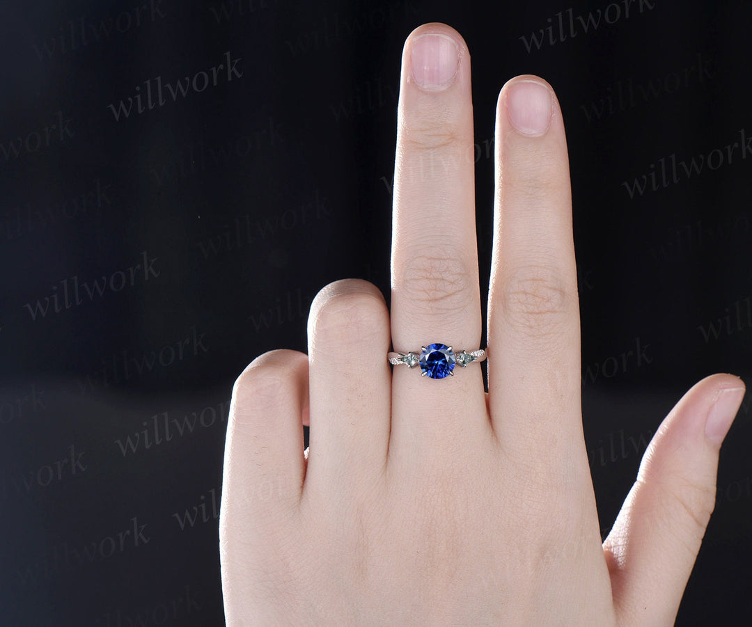 Vintage round blue sapphire engagement ring twisted diamond ring solid 14k white gold antique eternity unique bridal wedding ring women gift