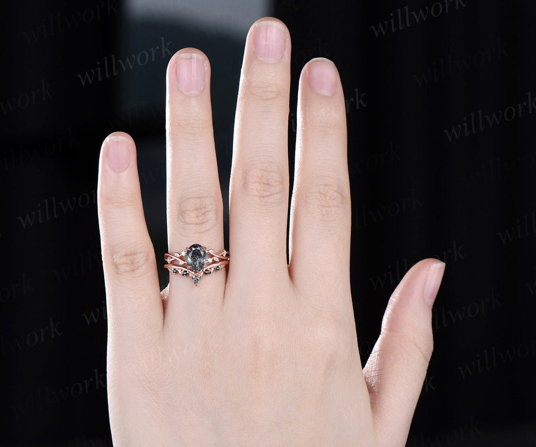 Vintage oval black rutilated quartz engagement ring five stone leaf moissanite ring 14k rose gold black spinel wedding ring band bridal set