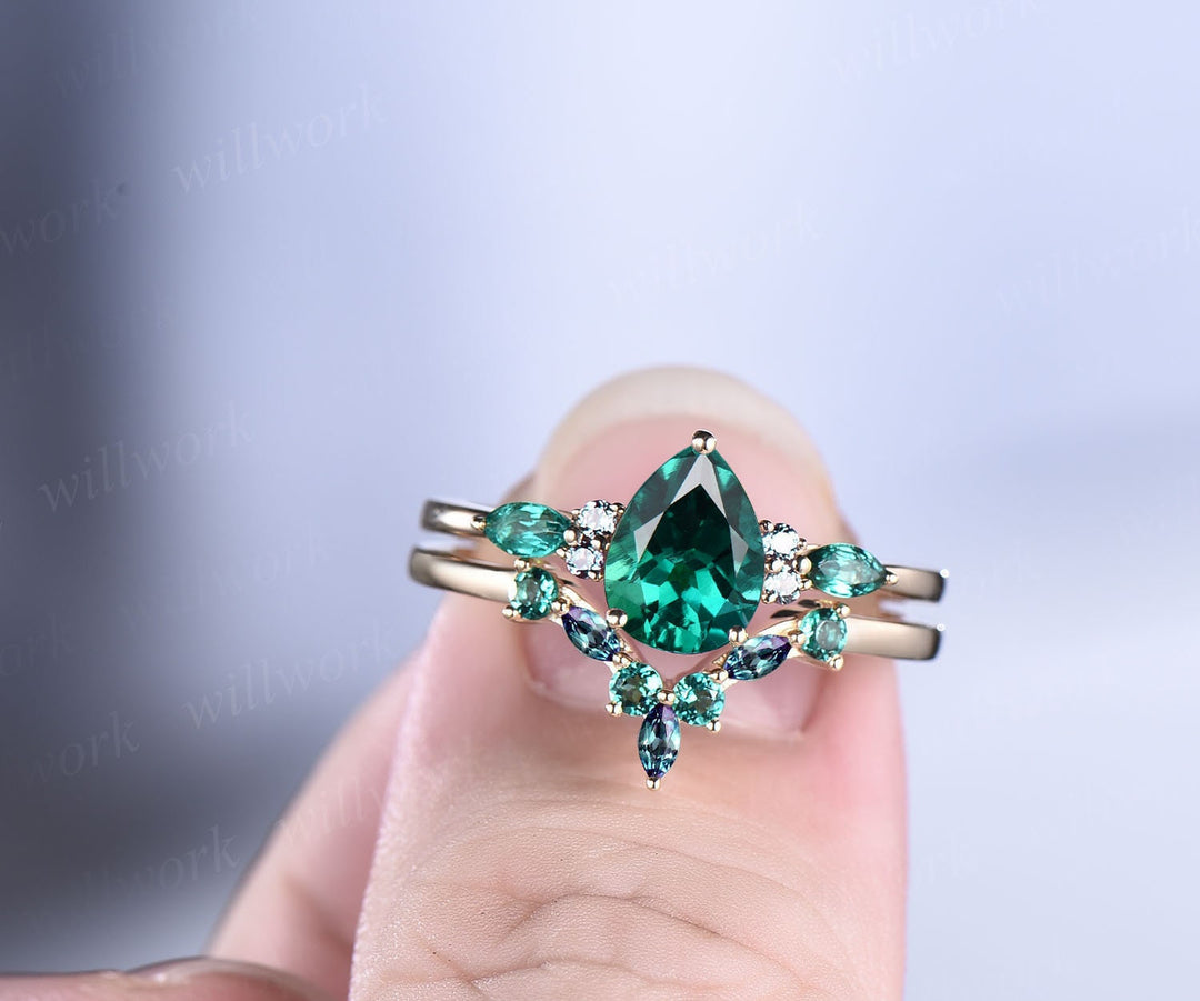 Vintage pear shaped emerald engagement ring rose gold marquise alexandrite ring green gemstone ring art deco unique wedding ring set women