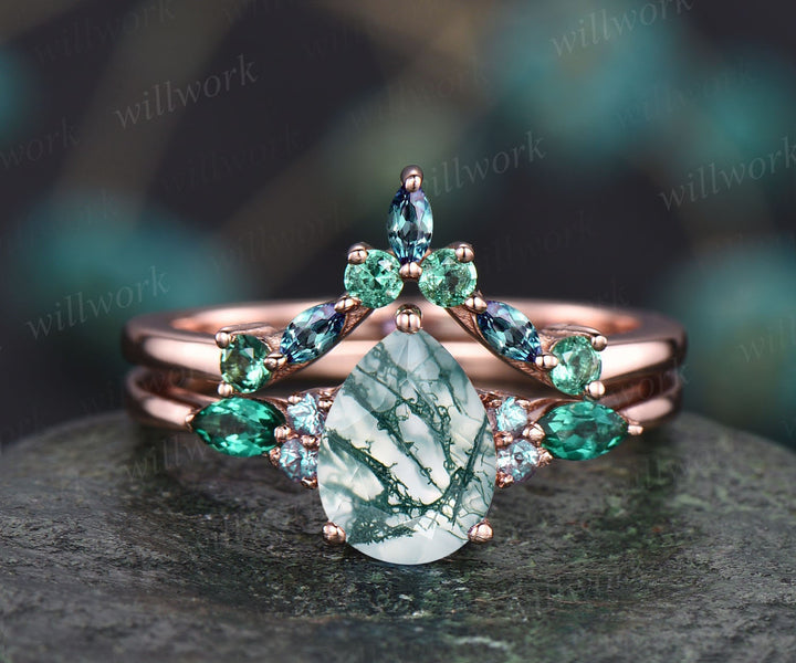Vintage pear moss agate engagement ring 14k rose gold marquise alexandrite ring green gemstone ring art deco unique wedding ring set women