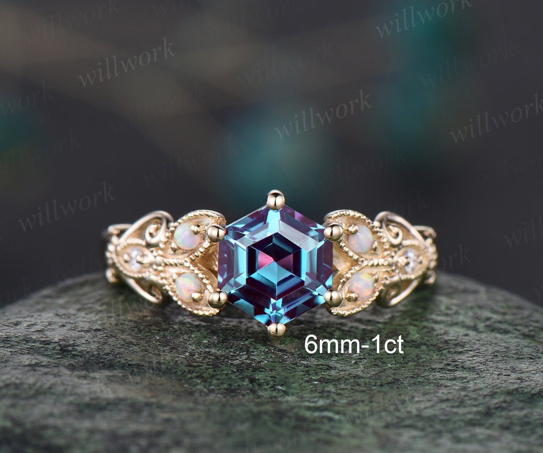 Hexagon Alexandrite ring vintage leaf opal ring 14k yellow gold unique butterfly engagement ring women Milgrain moissanite wedding ring gift
