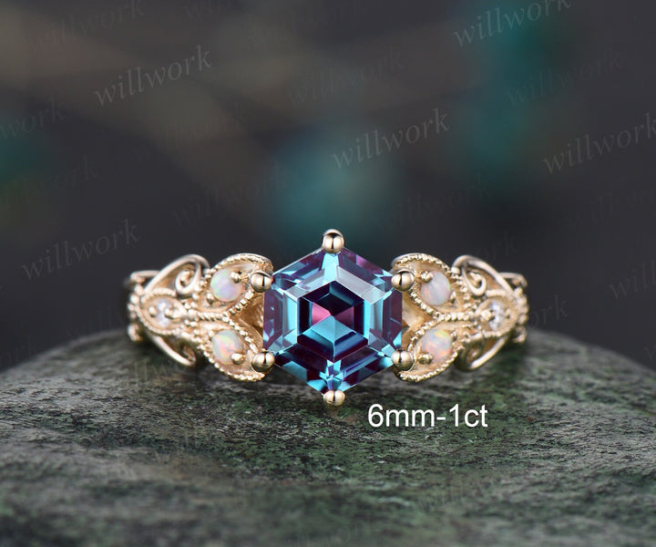 Hexagon Alexandrite ring vintage leaf opal ring 14k yellow gold unique butterfly engagement ring women Milgrain moissanite wedding ring gift
