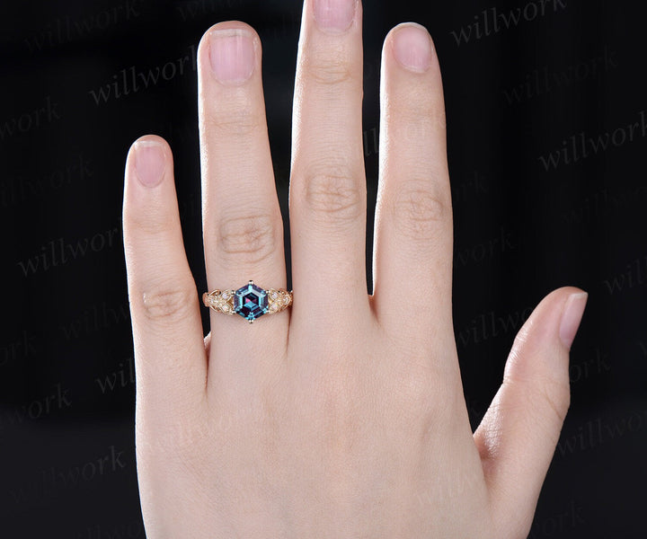 Hexagon Alexandrite ring vintage leaf opal ring 14k yellow gold unique butterfly engagement ring women Milgrain moissanite wedding ring gift