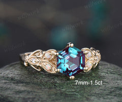 Hexagon Alexandrite ring vintage leaf opal ring 14k yellow gold unique butterfly engagement ring women Milgrain moissanite wedding ring gift