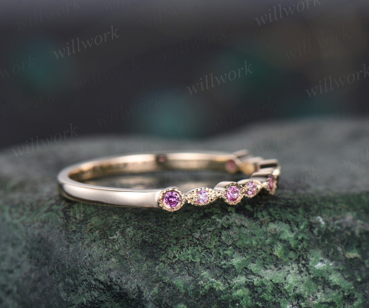 Milgrain bezel natural pink sapphire wedding band solid 14k yellow gold vintage art deco half eternity dainty wedding ring band women gift
