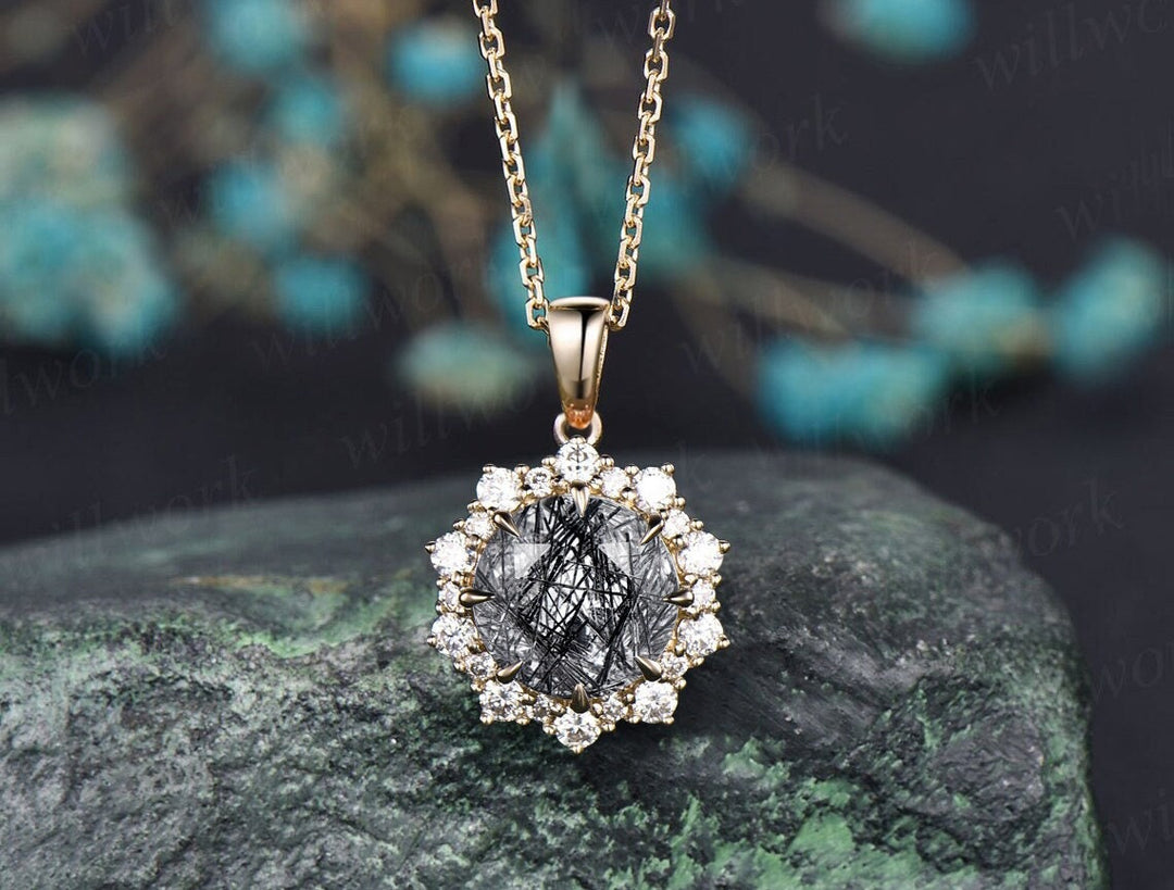 Round black rutilated quartz necklace solid 14k 18k gold vintage unique halo snowdrift diamond pendant women gemstone anniversary gift