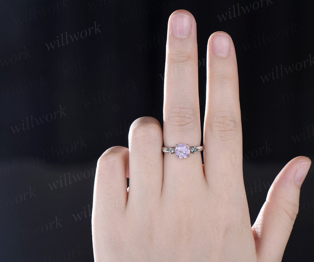 Vintage round Lavender Amethyst engagement ring twisted diamond ring solid 14k white gold antique eternity unique bridal wedding ring women