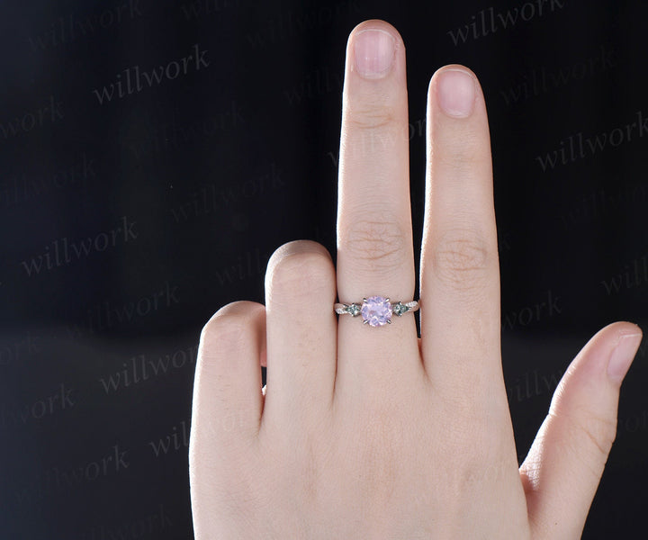 Vintage round Lavender Amethyst engagement ring twisted diamond ring solid 14k white gold antique eternity unique bridal wedding ring women