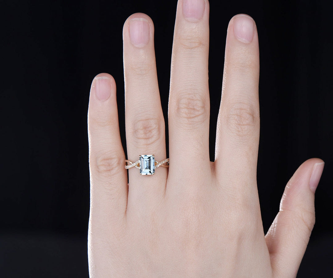 Vintage emerald cut natural Aquamarine engagement ring solid 14k yellow gold eternity infinity Twisted diamond wedding bridal ring women