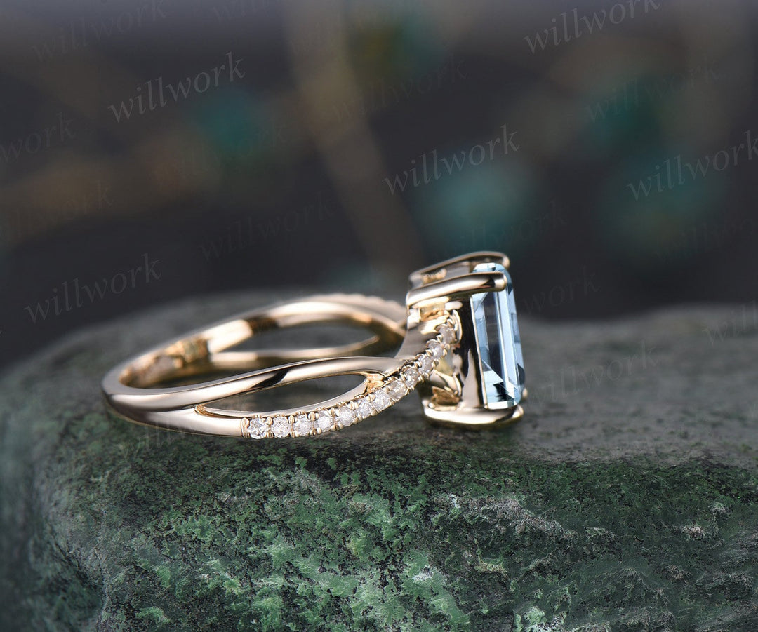Vintage emerald cut natural Aquamarine engagement ring solid 14k yellow gold eternity infinity Twisted diamond wedding bridal ring women