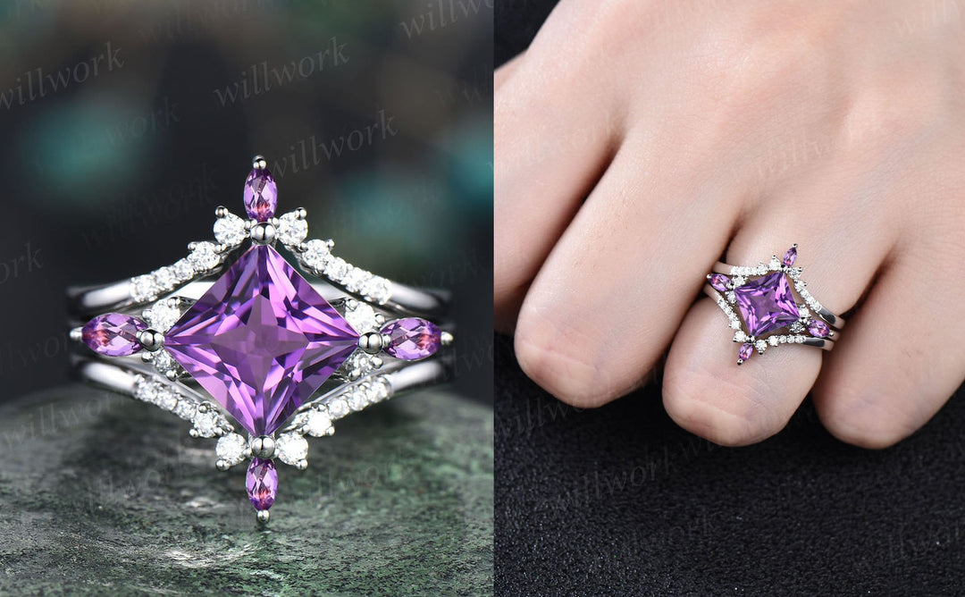 Vintage princess cut amethyst engagement ring rose gold art deco stacking moissanite wedding bridal ring set women purple gemstone gift