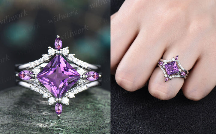 Vintage princess cut amethyst engagement ring rose gold art deco stacking moissanite wedding bridal ring set women purple gemstone gift