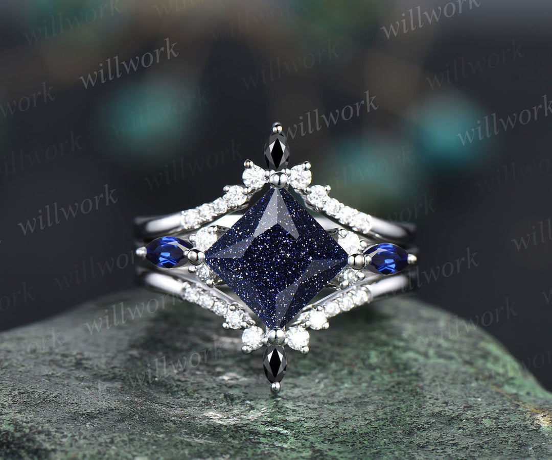 Vintage princess cut blue sandstone engagement ring 14k rose gold stacking sapphire moissanite wedding bridal ring set women anniversary gift