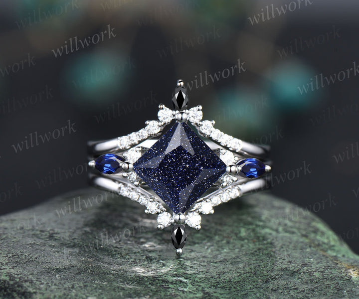 Vintage princess cut blue sandstone engagement ring 14k rose gold stacking sapphire moissanite wedding bridal ring set women anniversary gift
