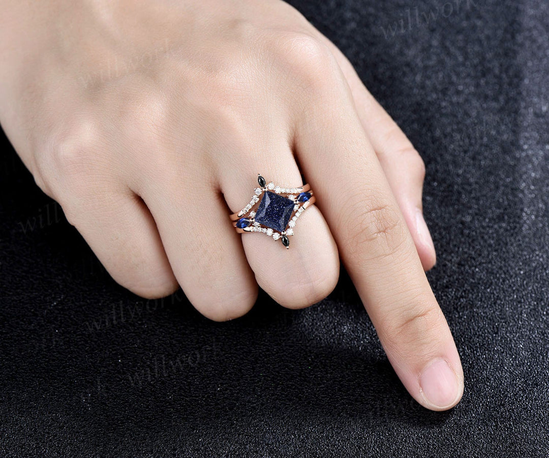 Vintage princess cut blue sandstone engagement ring 14k rose gold stacking sapphire moissanite wedding bridal ring set women anniversary gift