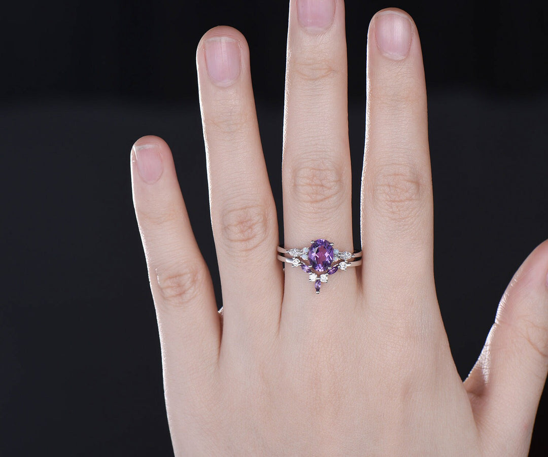 Vintage oval cut amethyst engagement ring white gold opal ring silver moissanite promise wedding bridal ring set women purple gemstone gift