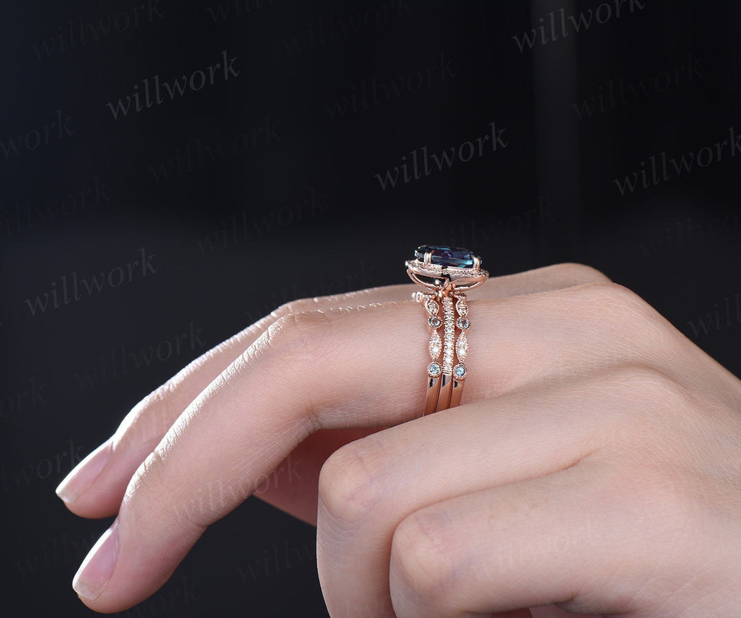 8x10mm oval Alexandrite engagement ring half eternity halo diamond ring women marquise Milgrain unique bridal wedding ring set fine jewelry