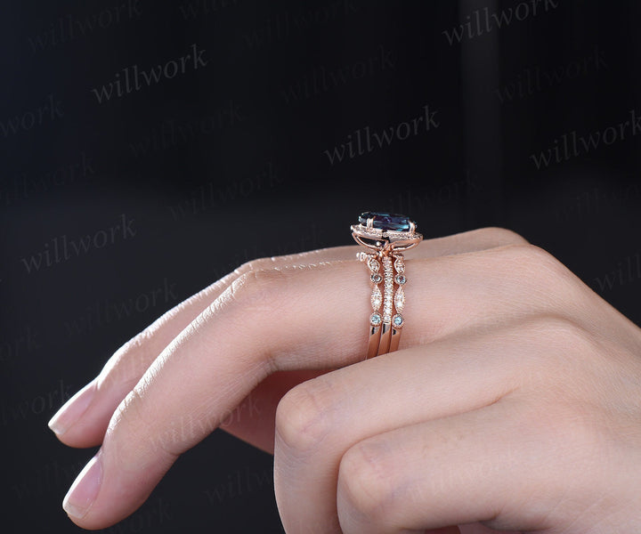 8x10mm oval Alexandrite engagement ring half eternity halo diamond ring women marquise Milgrain unique bridal wedding ring set fine jewelry