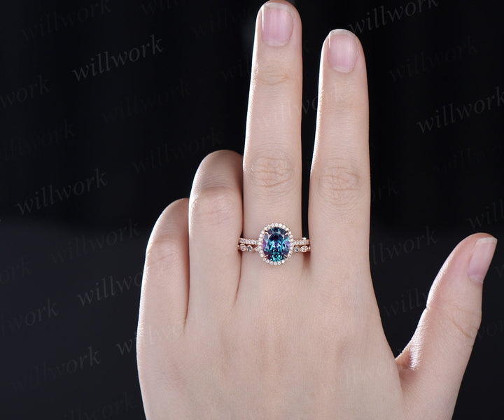8x10mm oval Alexandrite engagement ring half eternity halo diamond ring women marquise Milgrain unique bridal wedding ring set fine jewelry