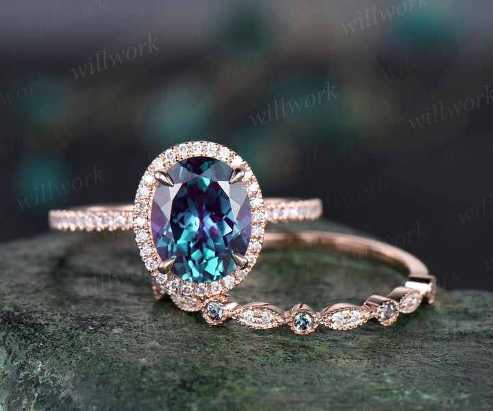 8x10mm oval Alexandrite engagement ring half eternity halo diamond ring women marquise Milgrain unique bridal wedding ring set fine jewelry