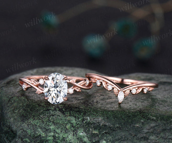 Nature inspired oval cut IGI lab-grown diamond engagement ring set twisted leaf women five stone diamond-accented anniversary bridal wedding ring set