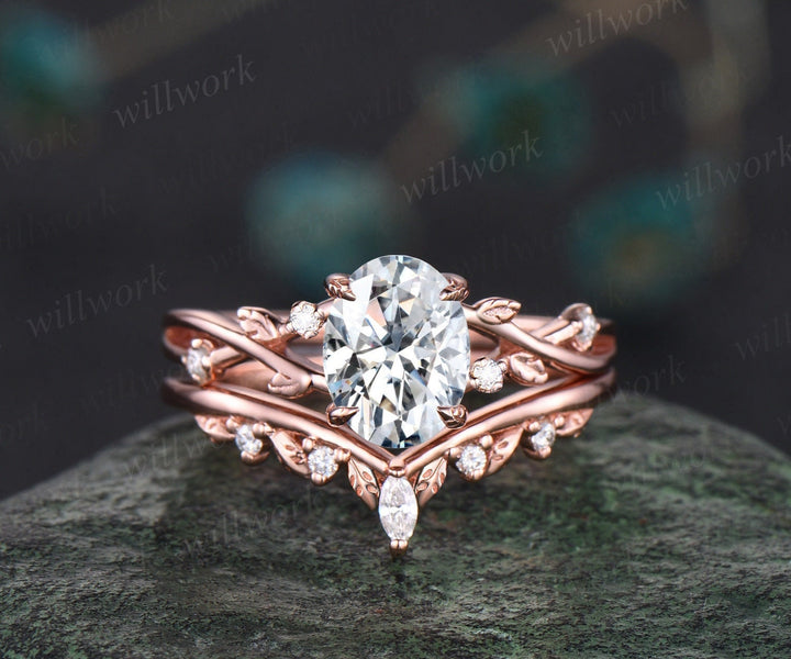 Nature inspired oval cut IGI lab-grown diamond engagement ring set twisted leaf women five stone diamond-accented anniversary bridal wedding ring set