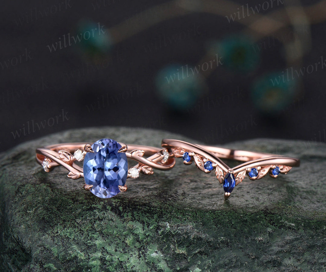 Vintage oval natural Tanzanite engagement ring art deco five stone leaf diamond ring 14k rose gold sapphire wedding ring band bridal set