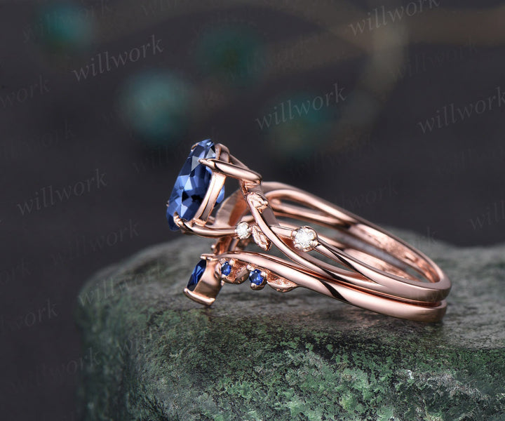 Vintage oval natural Tanzanite engagement ring art deco five stone leaf diamond ring 14k rose gold sapphire wedding ring band bridal set