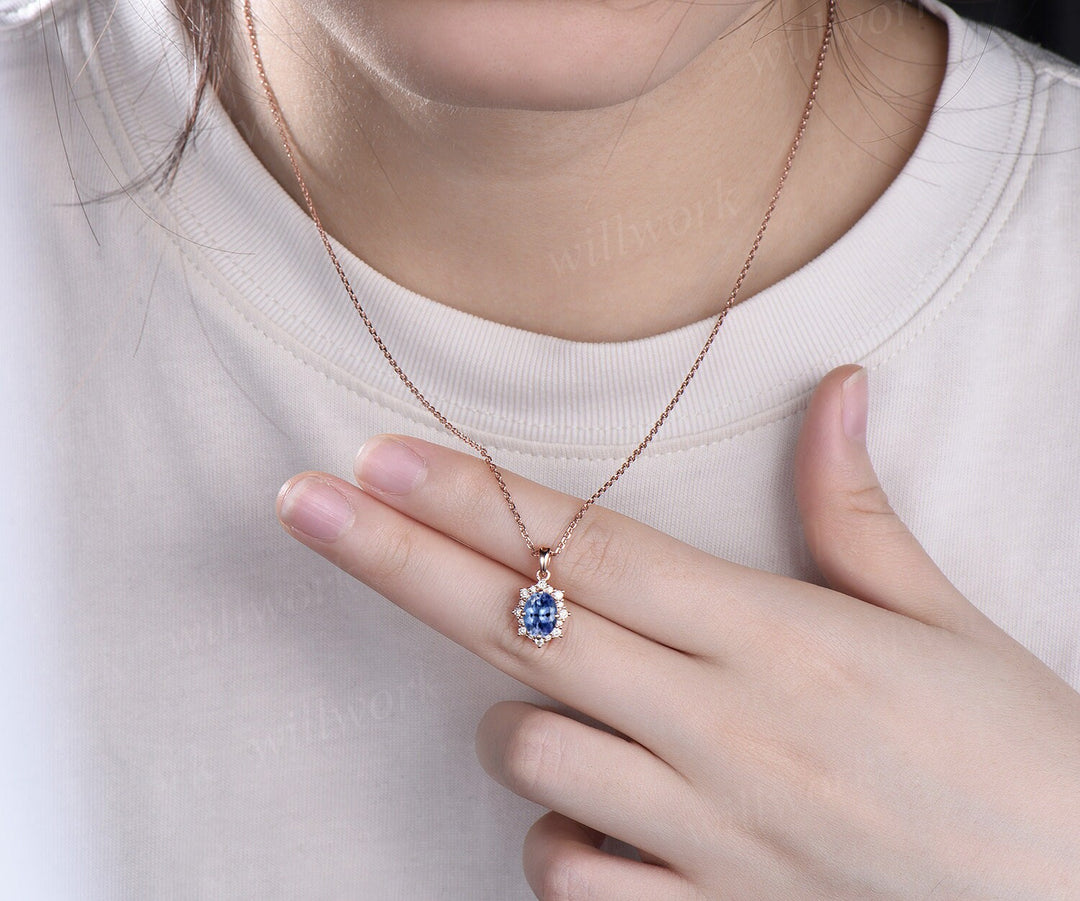 Vintage oval blue Tanzanite necklace solid 14k 18k gold unique halo snowdrift diamond pendant women black stone anniversary gift jewelry