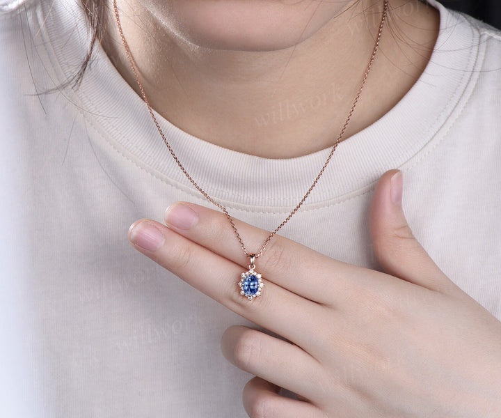 Vintage oval blue Tanzanite necklace solid 14k 18k gold unique halo snowdrift diamond pendant women black stone anniversary gift jewelry
