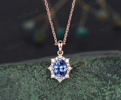 Vintage oval blue Tanzanite necklace solid 14k 18k gold unique halo snowdrift diamond pendant women black stone anniversary gift jewelry