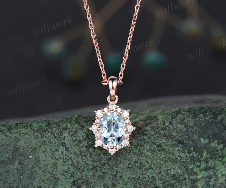Vintage oval blue aquamarine necklace solid 14k 18k gold unique halo snowdrift diamond pendant women black stone anniversary gift jewelry