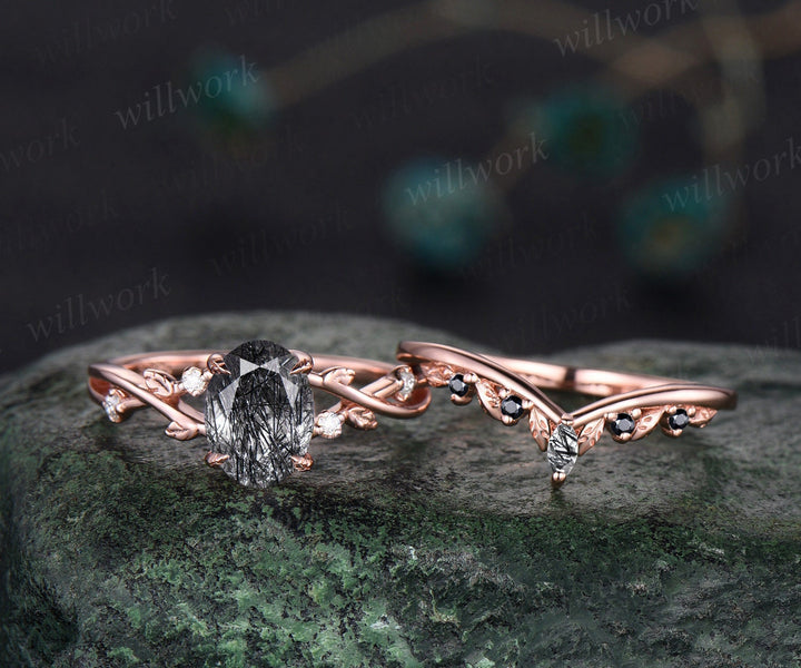 Vintage oval black rutilated quartz engagement ring five stone leaf moissanite ring 14k rose gold black spinel wedding ring band bridal set