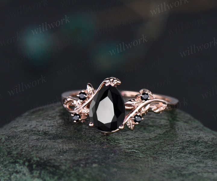 Pear black Onyx ring vintage art deco five stone black spinel ring twig leaf unique engagement ring women rose gold anniversary ring gift