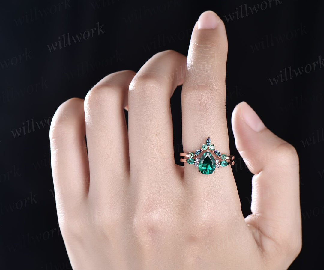 Vintage pear shaped emerald engagement ring rose gold marquise alexandrite ring green gemstone ring art deco unique wedding ring set women