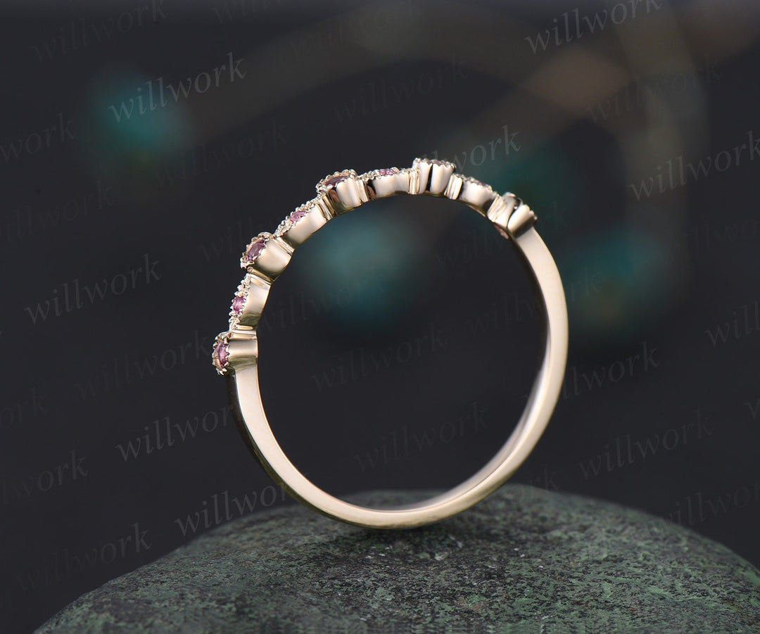 Milgrain bezel natural pink sapphire wedding band solid 14k yellow gold vintage art deco half eternity dainty wedding ring band women gift